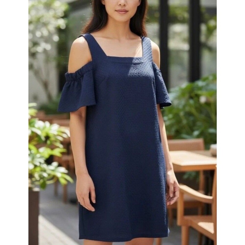 J. Crew Dress XS Navy Blue Cold Shoulder Shift Flutter Basketweave Textured